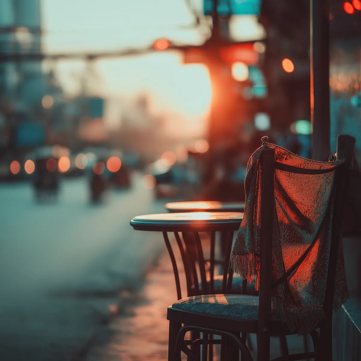 Bangkok street café at golden hour with draped tee and warm bokeh, FIOR