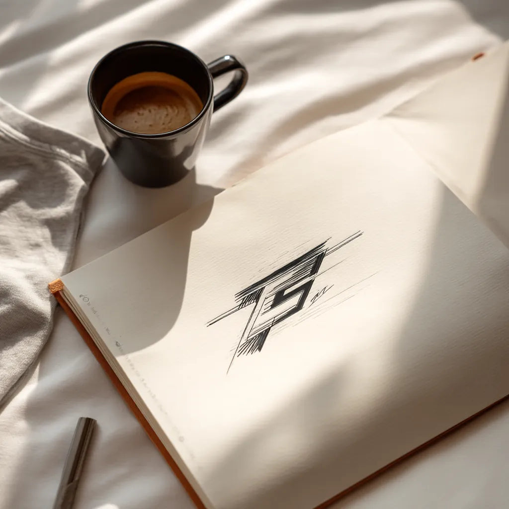 Sketchbook logo concept with espresso cup, soft daylight on cream background, FIOR.
