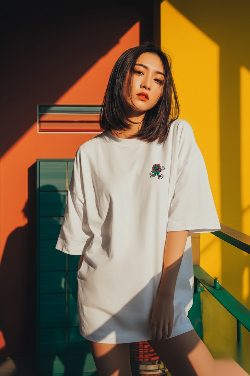 FIOR Essential black T-shirt on Asian female, minimalist Bangkok street scene.
