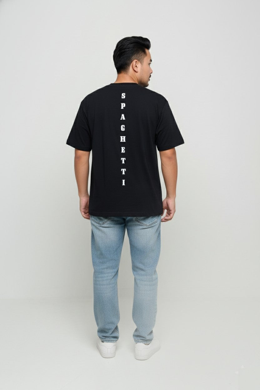 Men’s back view, black ‘Spaghetti’ T-shirt by FIOR.