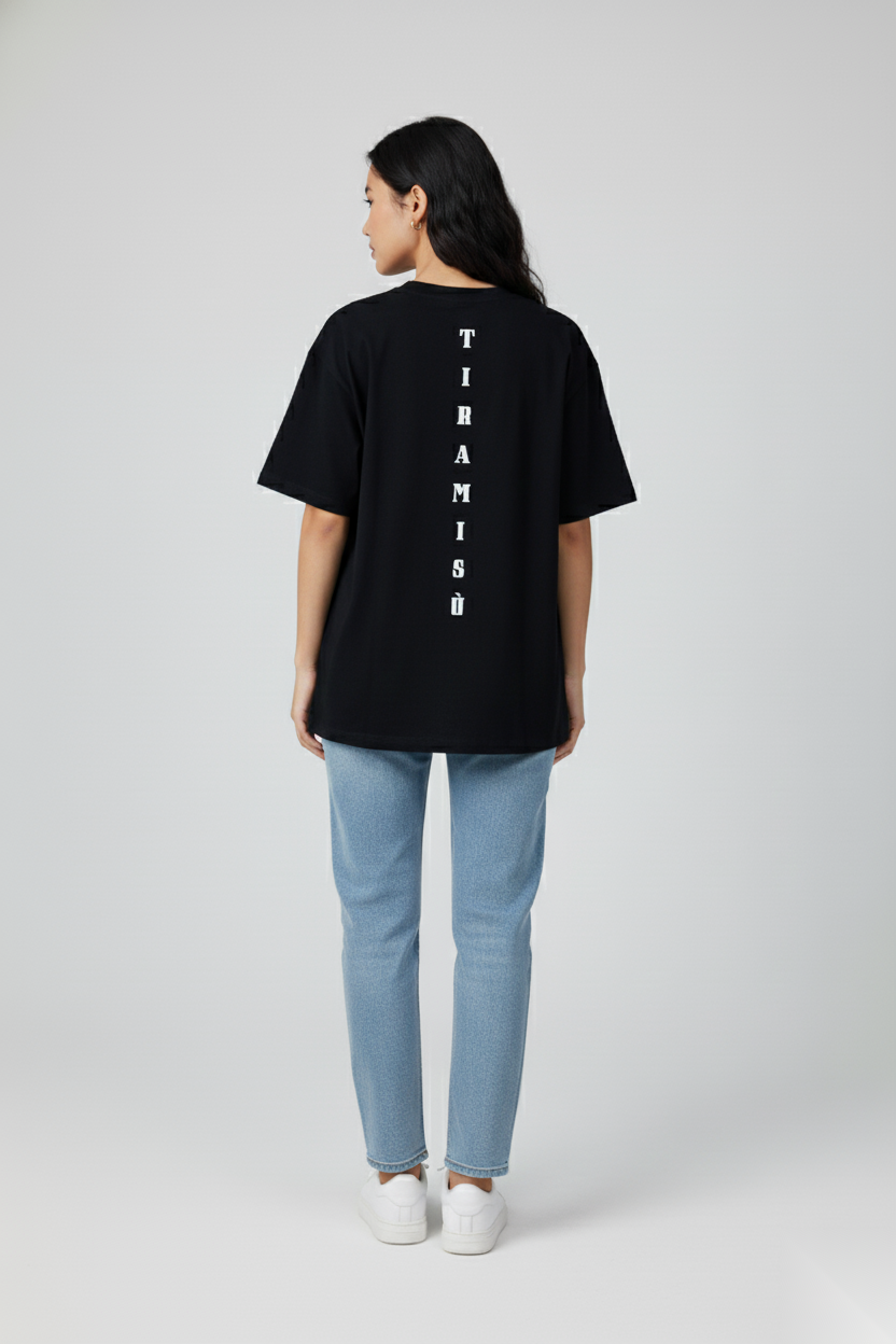 Women’s back view, black ‘Tiramisù’ T-shirt by FIOR