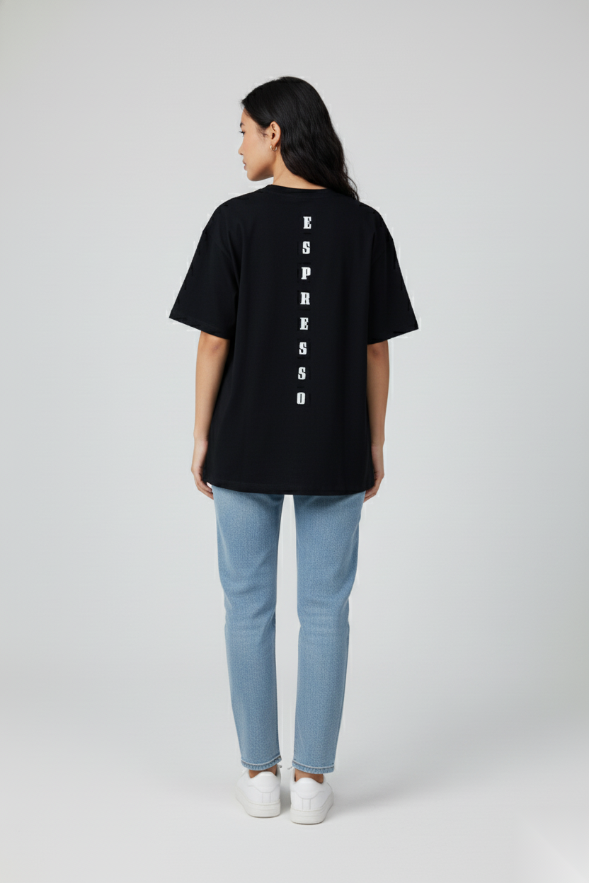 Women’s back view, black ‘Espresso’ T-shirt by FIOR