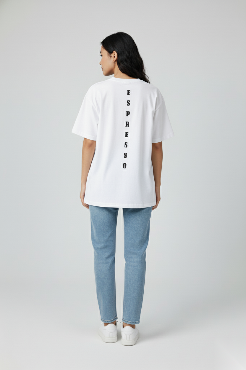 Women’s back view, black ‘Espresso’ T-shirt by FIOR