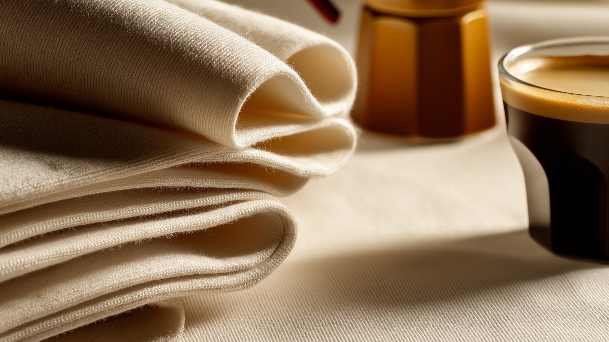 Organic cotton folds with espresso shadow on cream background, FIOR.