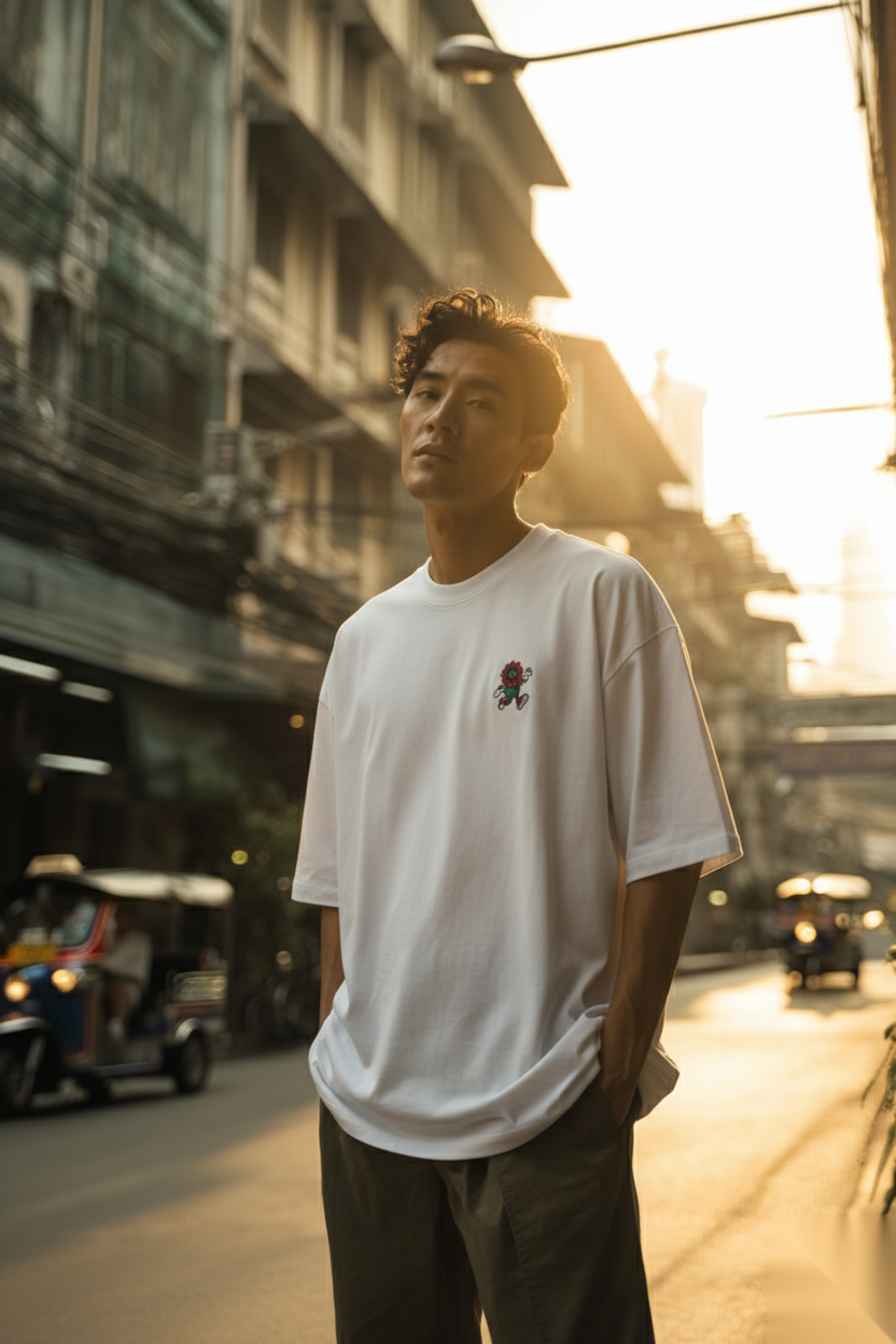 FIOR Espresso Essential T-shirt in white on Asian male, Bangkok golden hour street café scene.