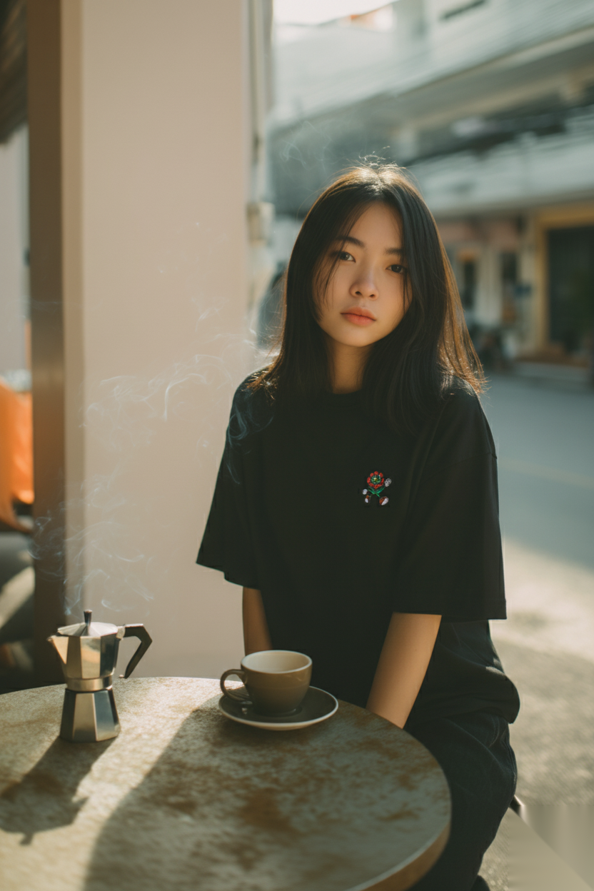 FIOR Spaghetti Essential black T-shirt on Asian female, Bangkok café culture scene.