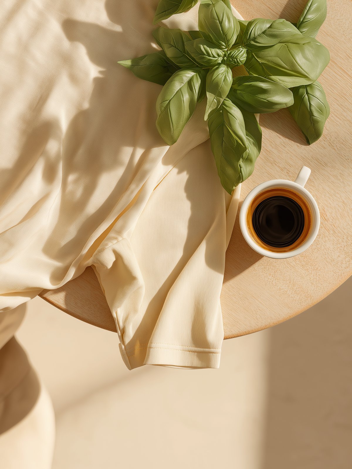 Mobile lookbook: tee collar and espresso on café table, soft daylight, FIOR