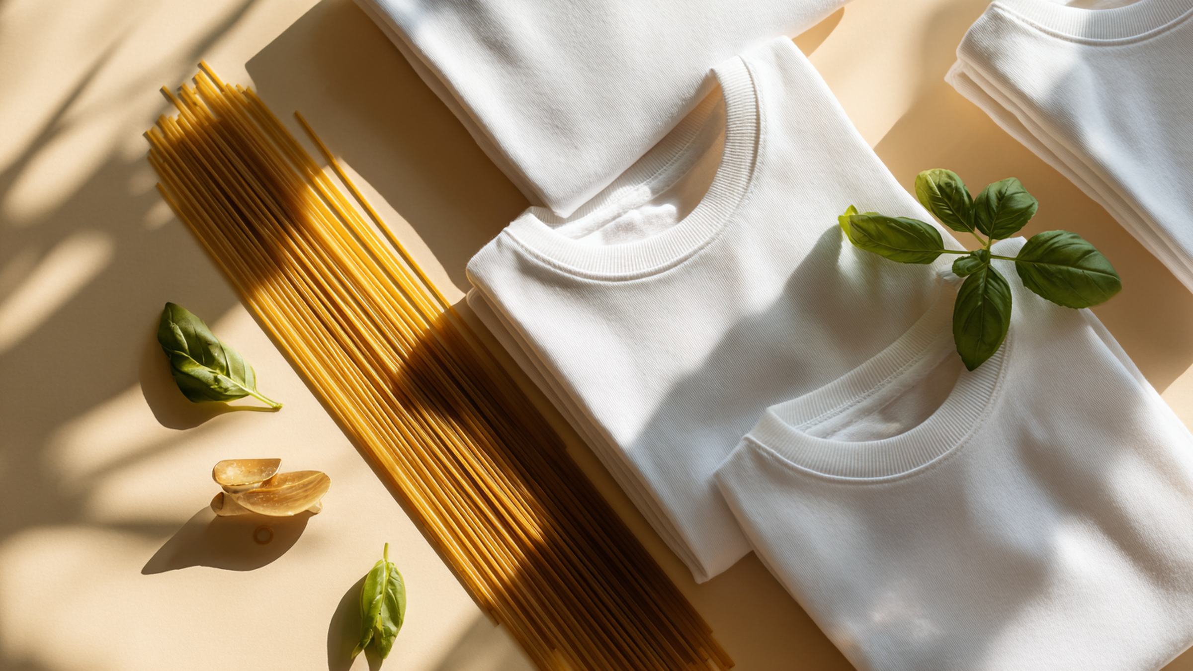 Folded white tees arranged like ingredients with spaghetti and basil on cream background, FIOR Pantry