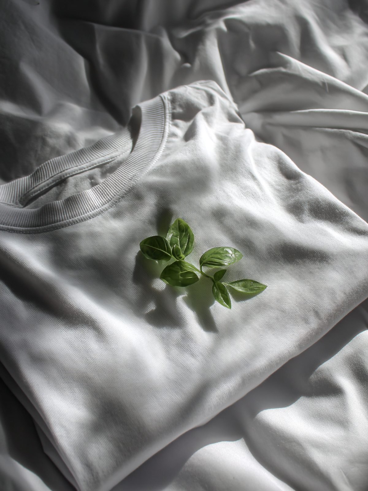 Single folded white tee with basil, soft daylight on cream background, FIOR Pantry mobile hero.