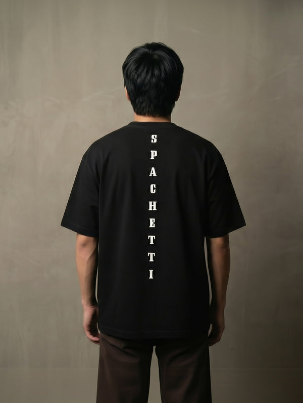 Men’s back view, black ‘Spaghetti’ T-shirt by FIOR.