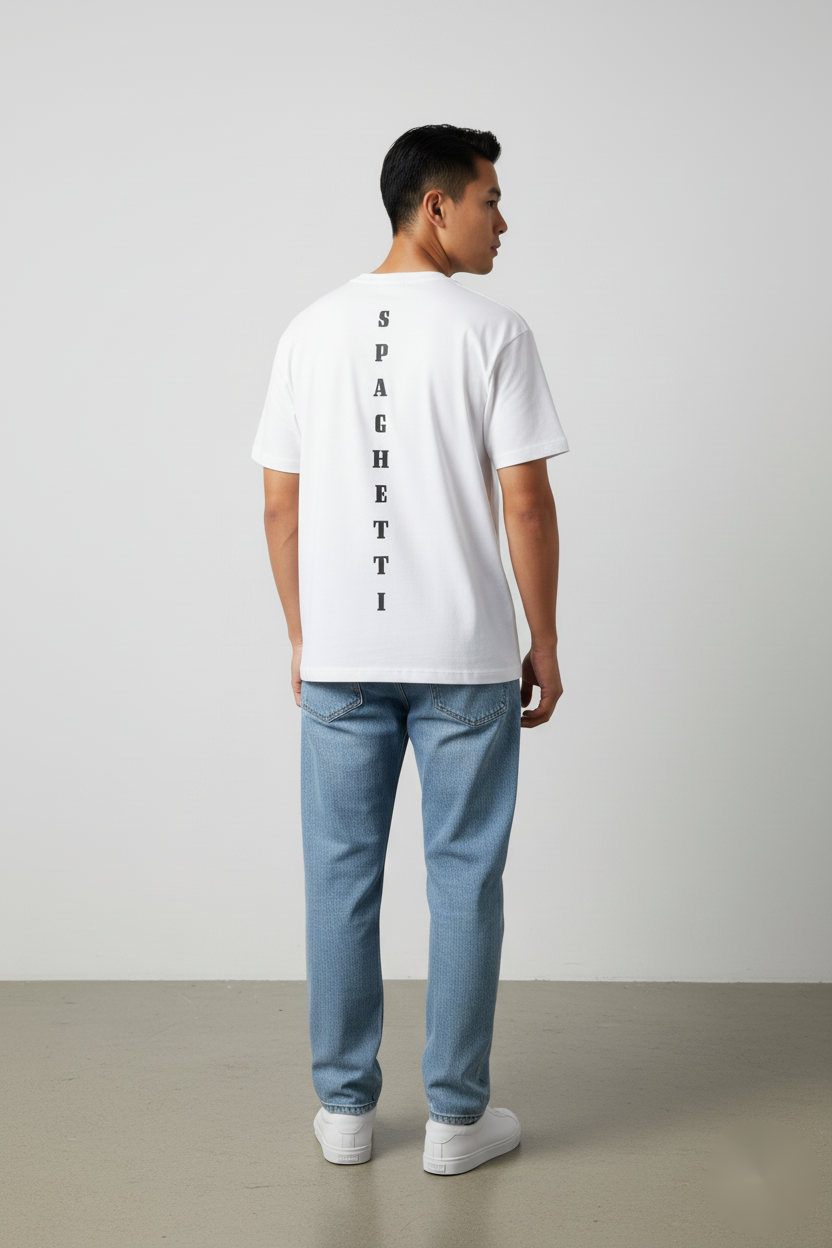Men’s back view, white ‘Spaghetti’ T-shirt by FIOR