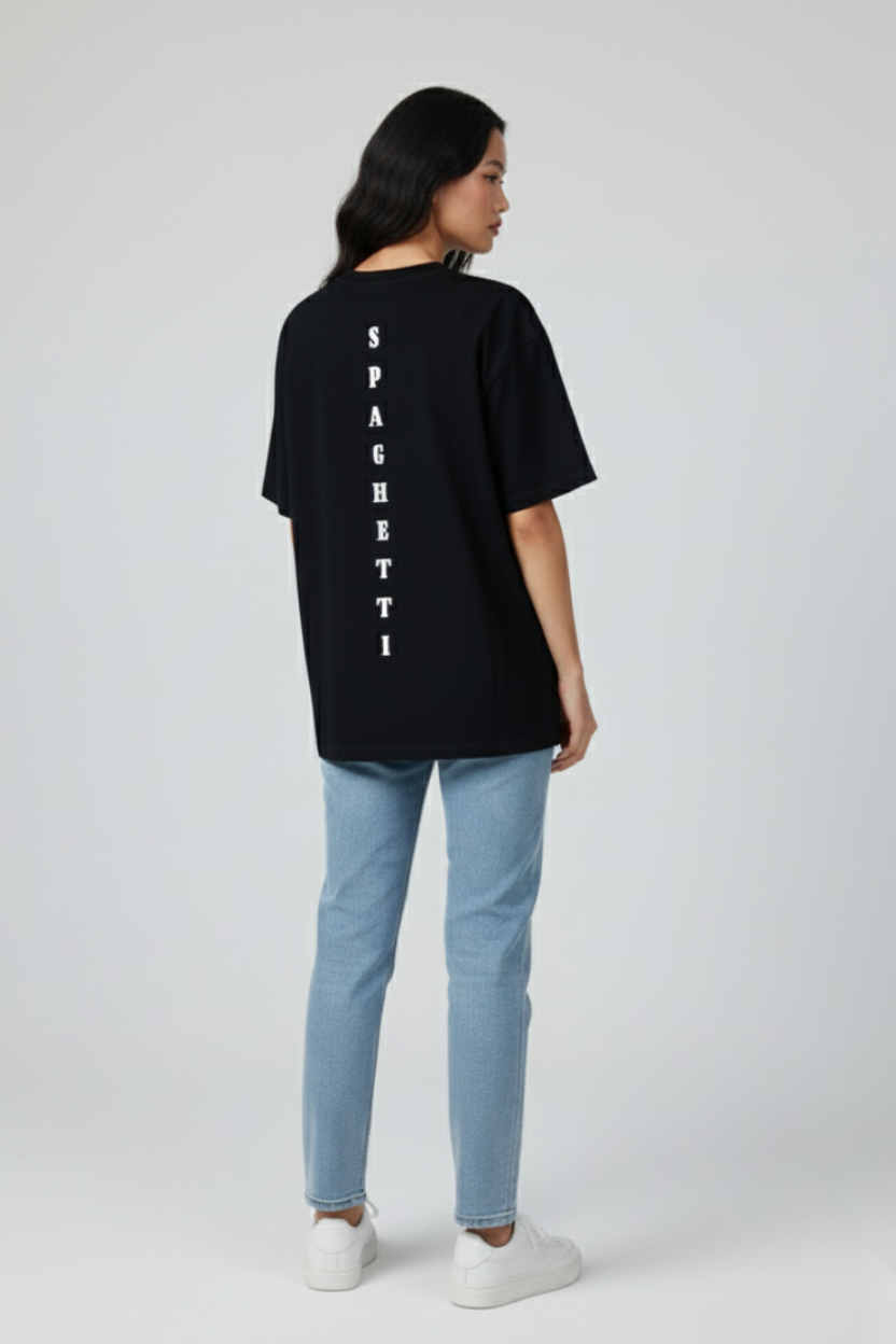 Women’s back view, black ‘Spaghetti’ T-shirt by FIOR