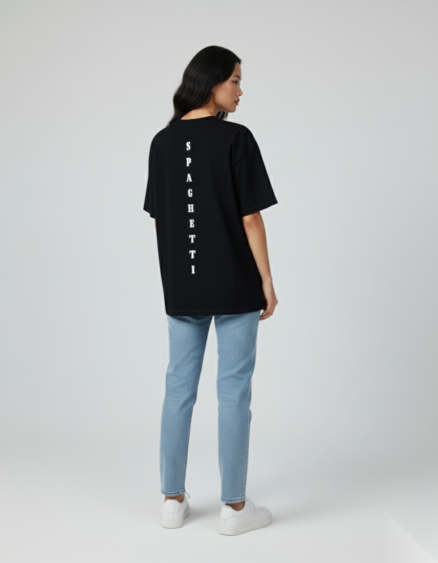 Women’s back view, black ‘Spaghetti’ T-shirt by FIOR