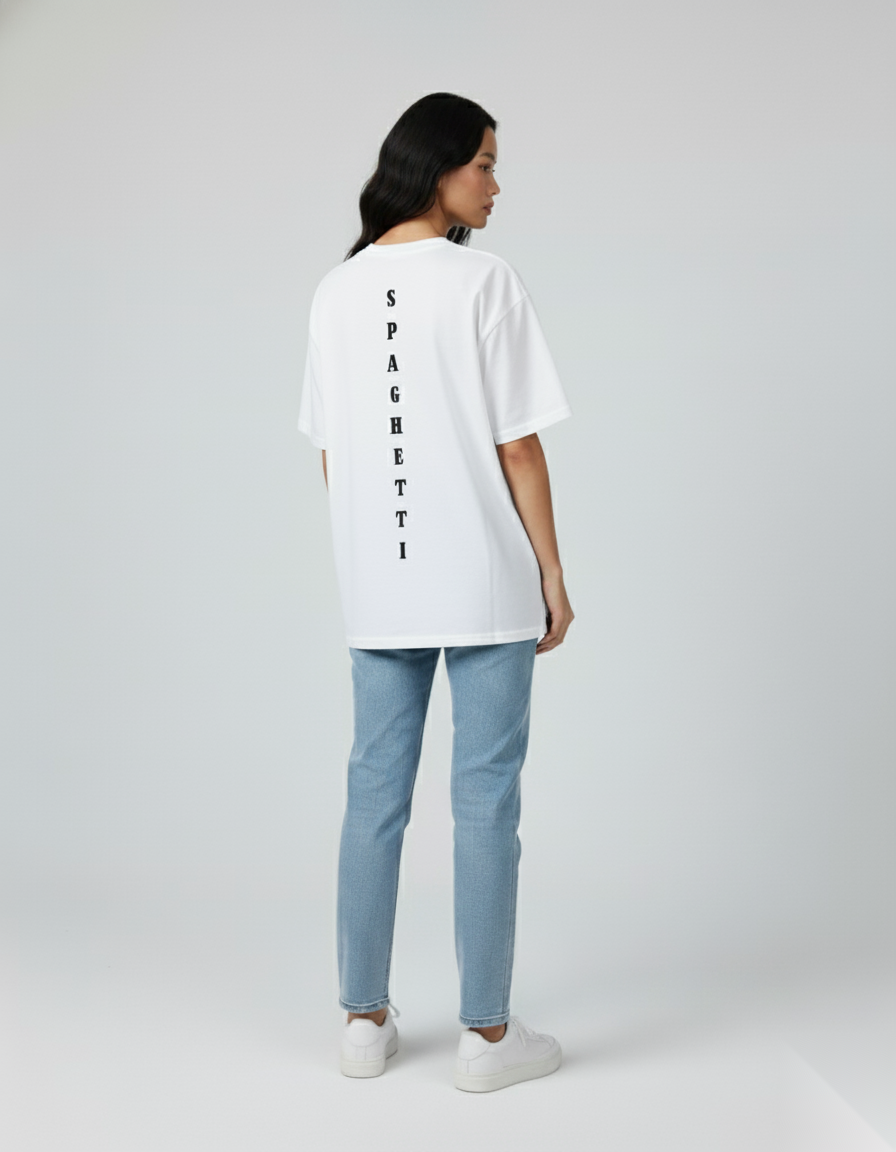 Women’s back view, black ‘Spaghetti’ T-shirt by FIOR