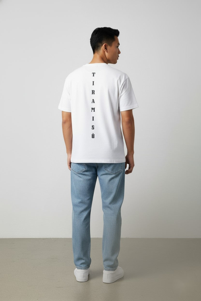 Men’s back view, white ‘Spaghetti’ T-shirt by FIOR
