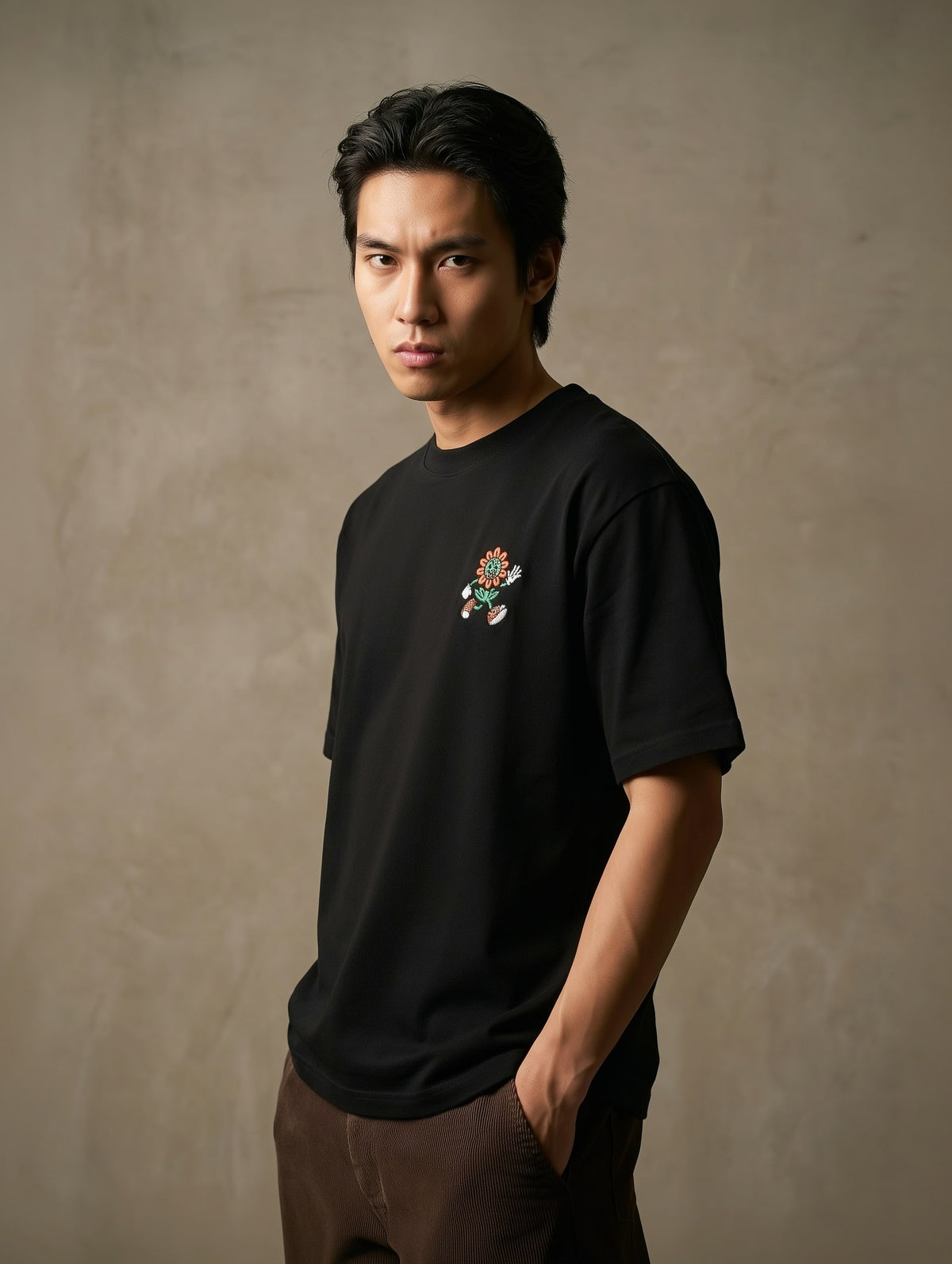 Men’s front view, black unisex organic cotton T-shirt, FIOR