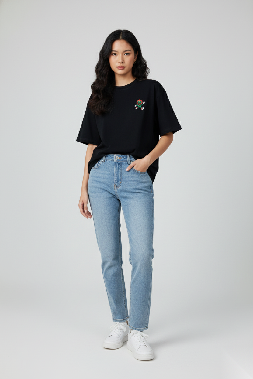 Women’s front view, black unisex T-shirt, FIOR